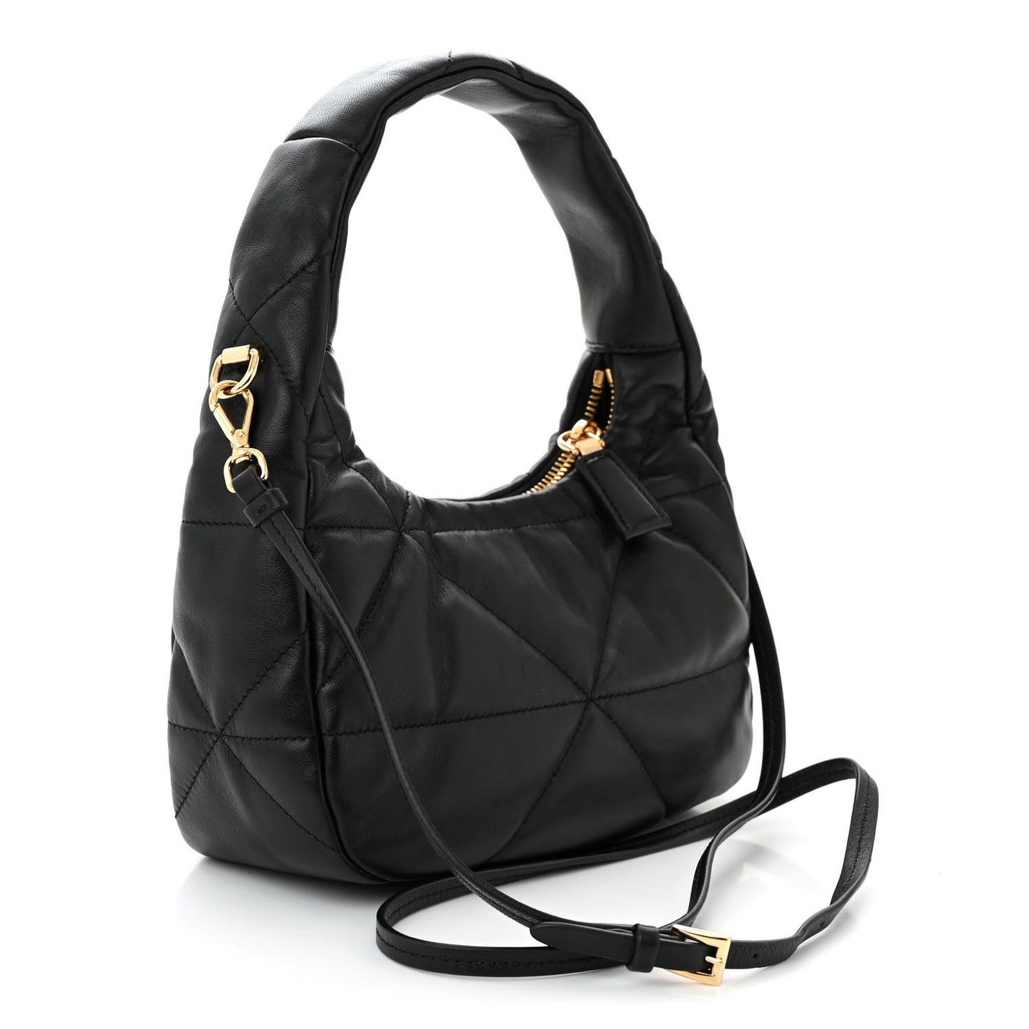 Nappa Triangle Stitched Mini Zippered Hobo Bag Black
