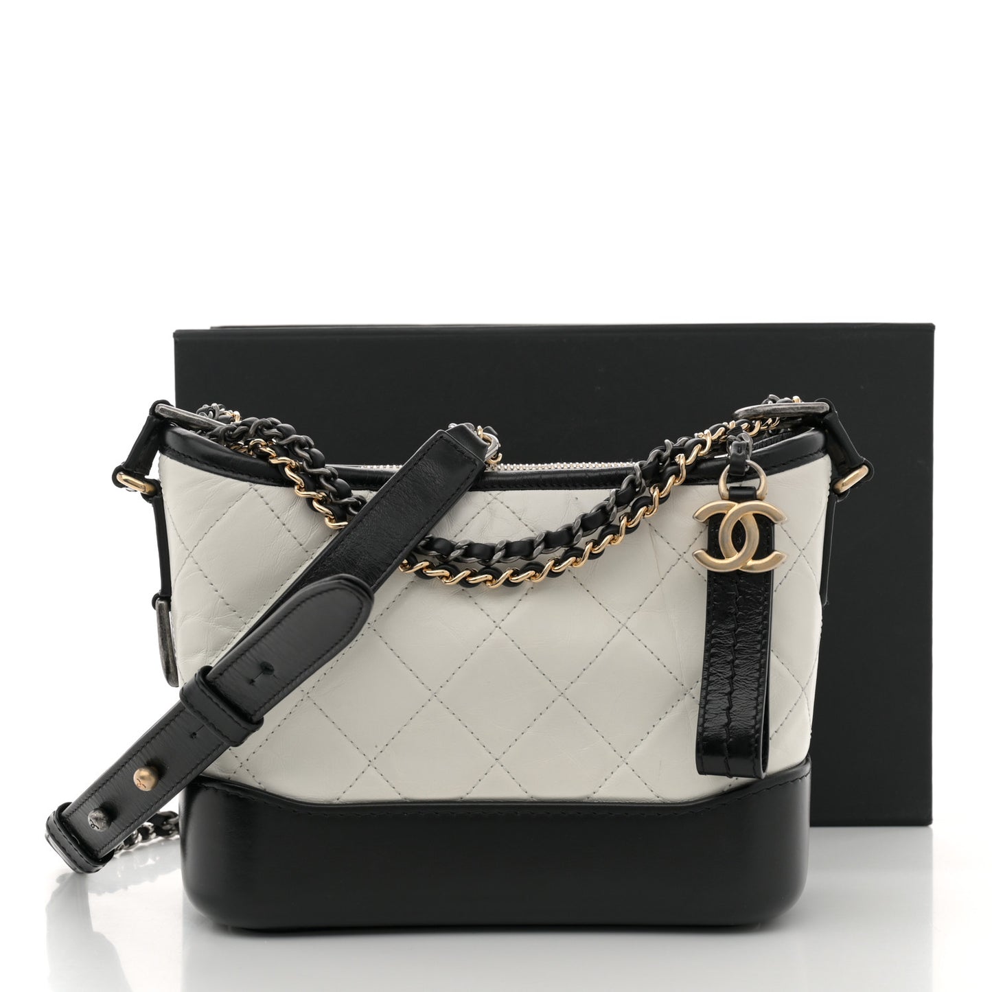 Aged Calfskin Quilted Small Gabrielle Hobo Black White
