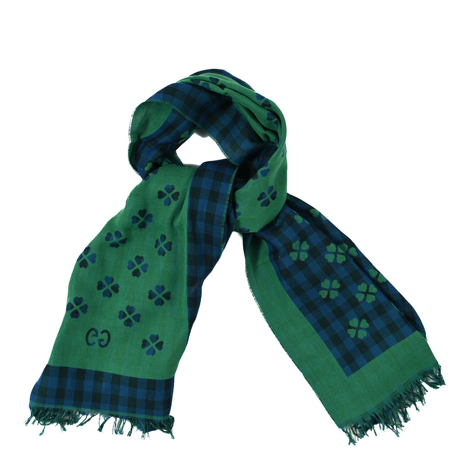 Gucci Cotton Woven Long Lucky Fringe Scarf Navy Light Green 1 of 3