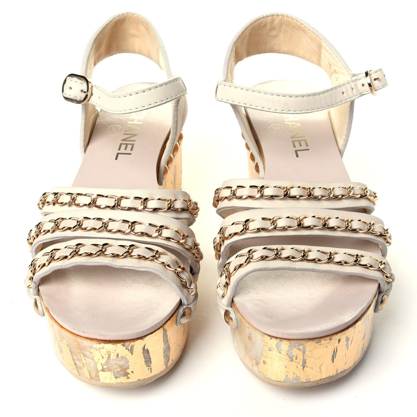 Calfskin Chain Wedge Sandals 36 White