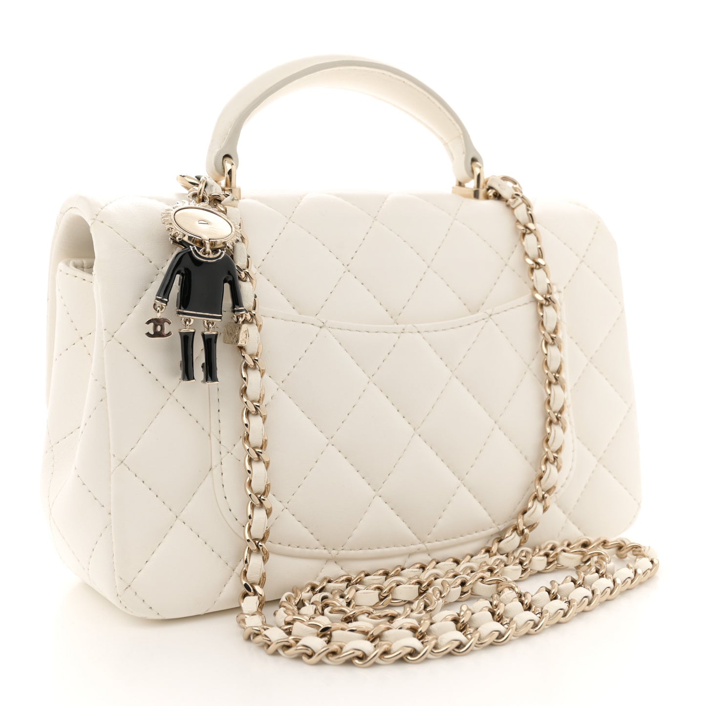Lambskin Quilted Mini Lion Charm Top Handle Rectangular Flap White