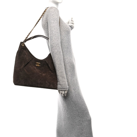 Suede Calfskin Lambskin Quilted Maxi Hobo Dark Brown