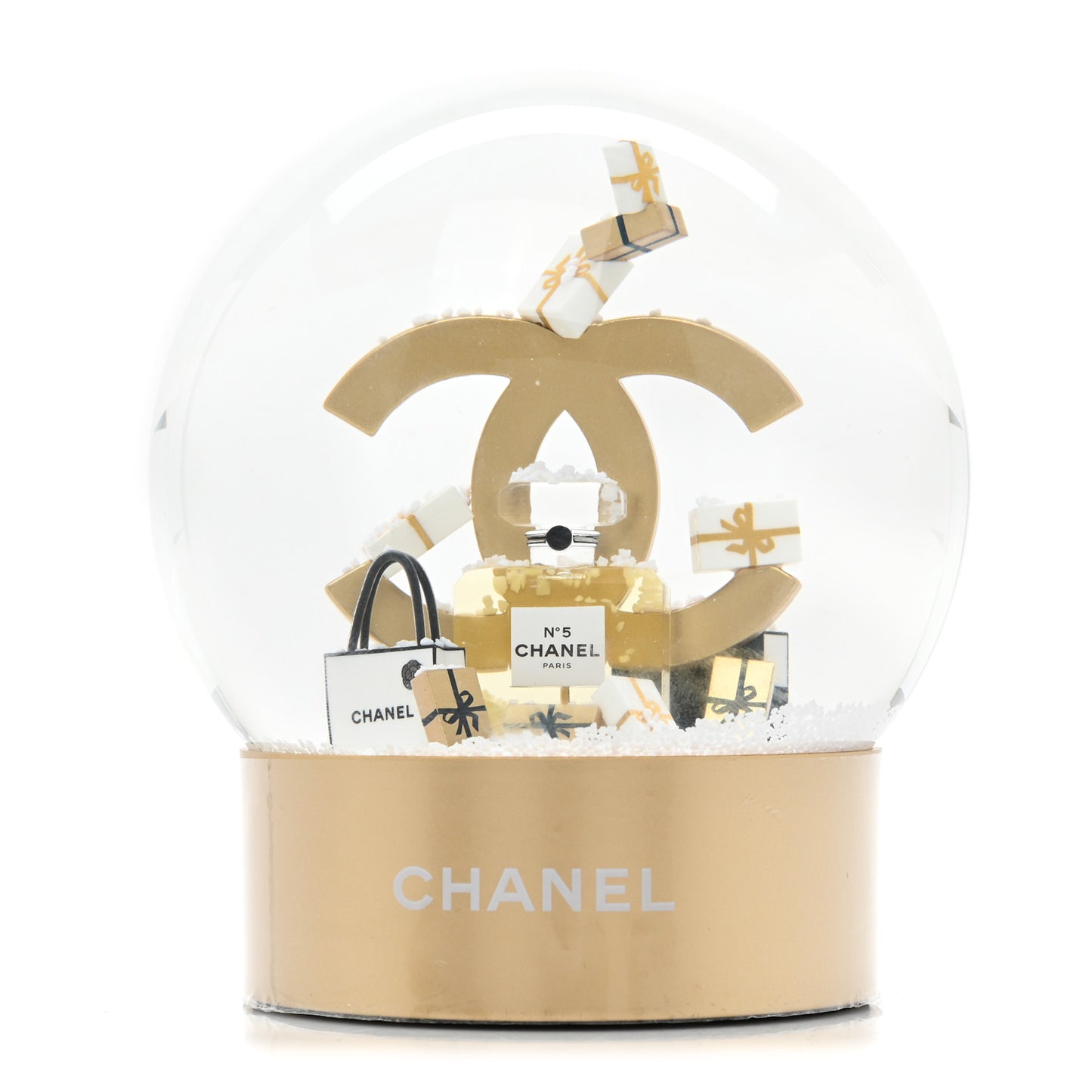 Glass CC Shopping Bag Snow Globe Gold