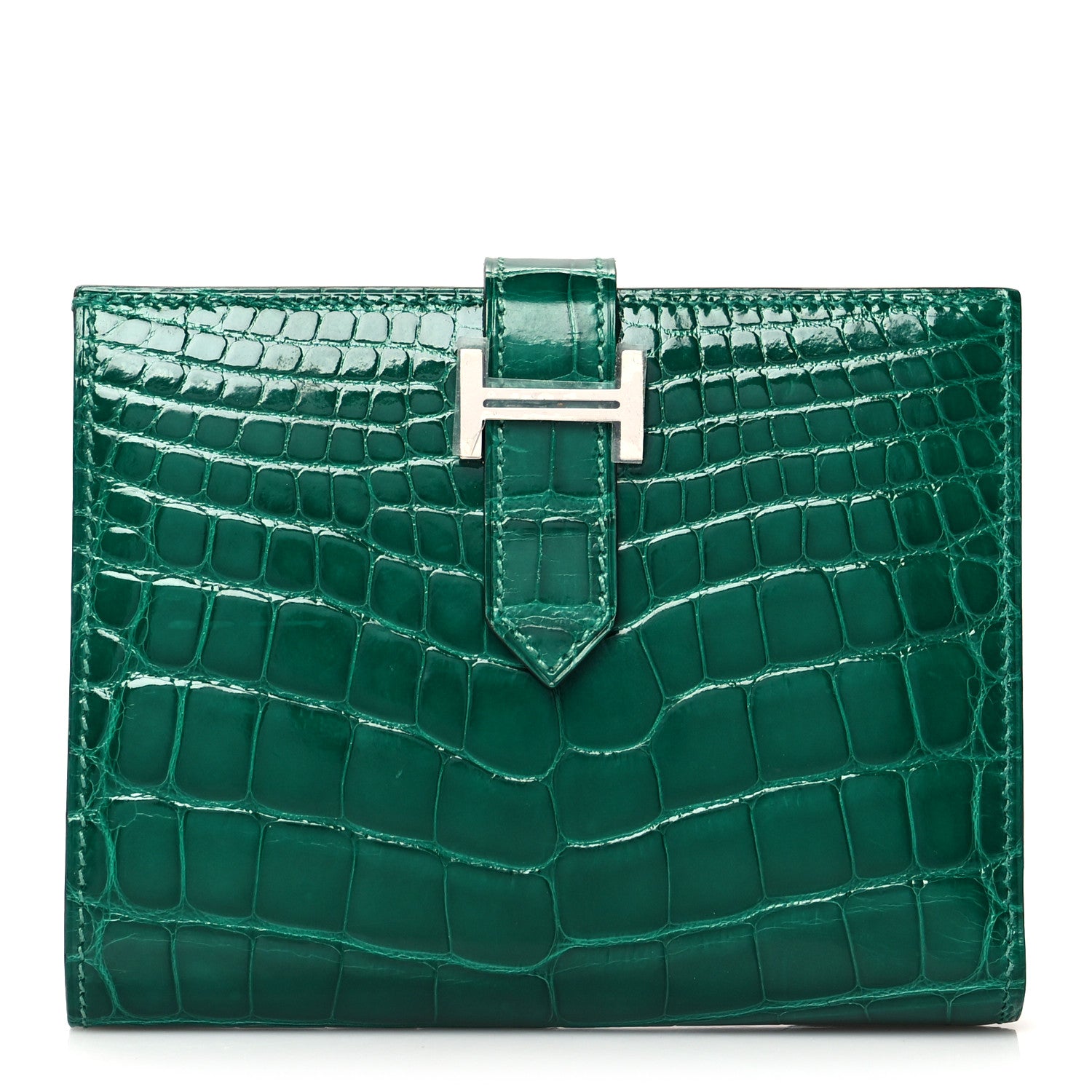 Hermes Shiny Alligator Bearn Compact Wallet Vert Emeraude 1102907 