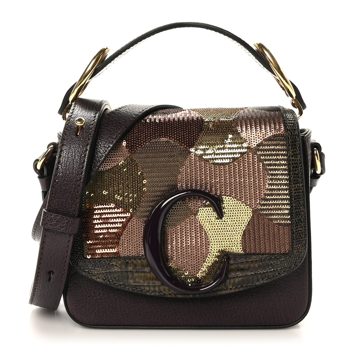 Shiny Calfskin Sequin Mini C Double Carry Brown Multicolor