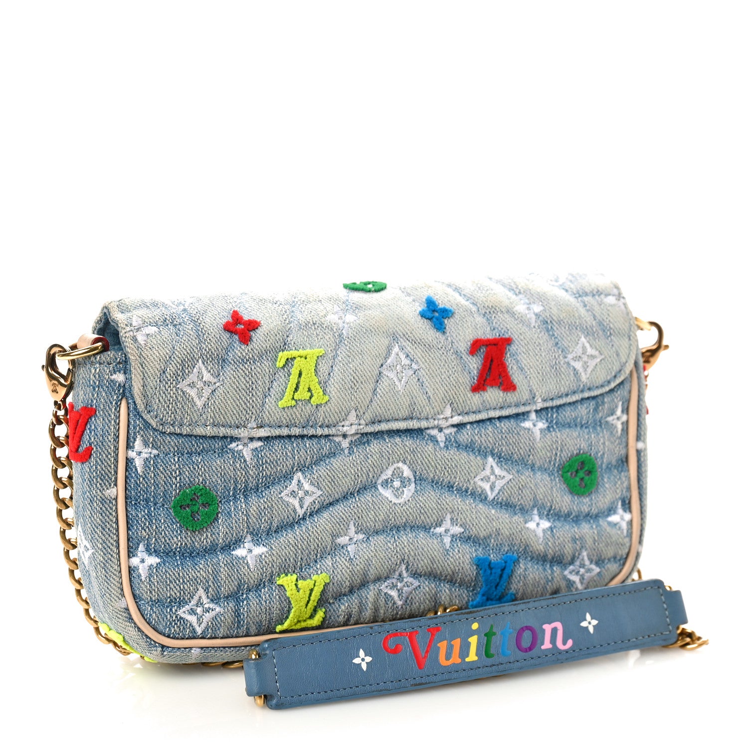Louis Vuitton Embroidered Monogram Denim New Wave Chain Pochette Blue 3 of 10