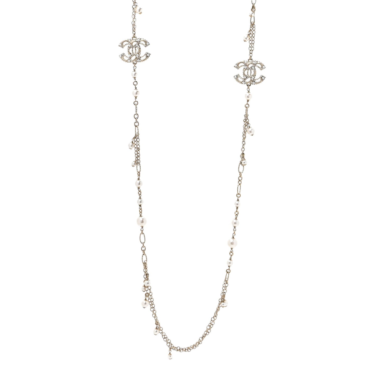Pearl Crystal CC Long Necklace Light Gold