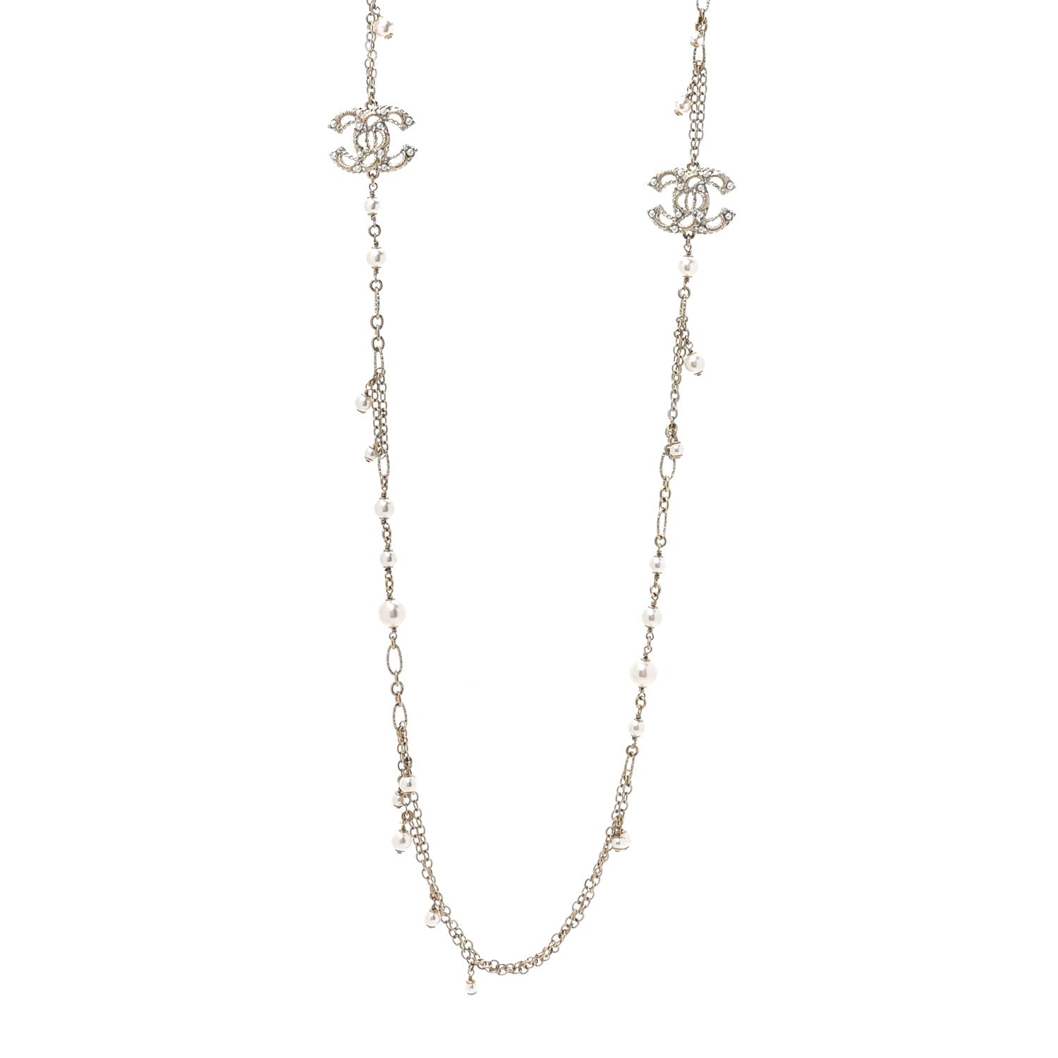 Chanel Pearl Crystal CC Long Necklace Light Gold 1 of 5