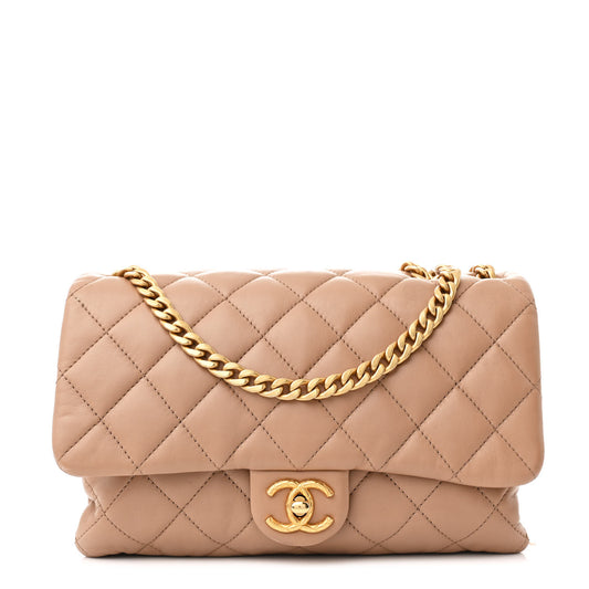 Lambskin Quilted Medium Pillow Crush Flap Beige