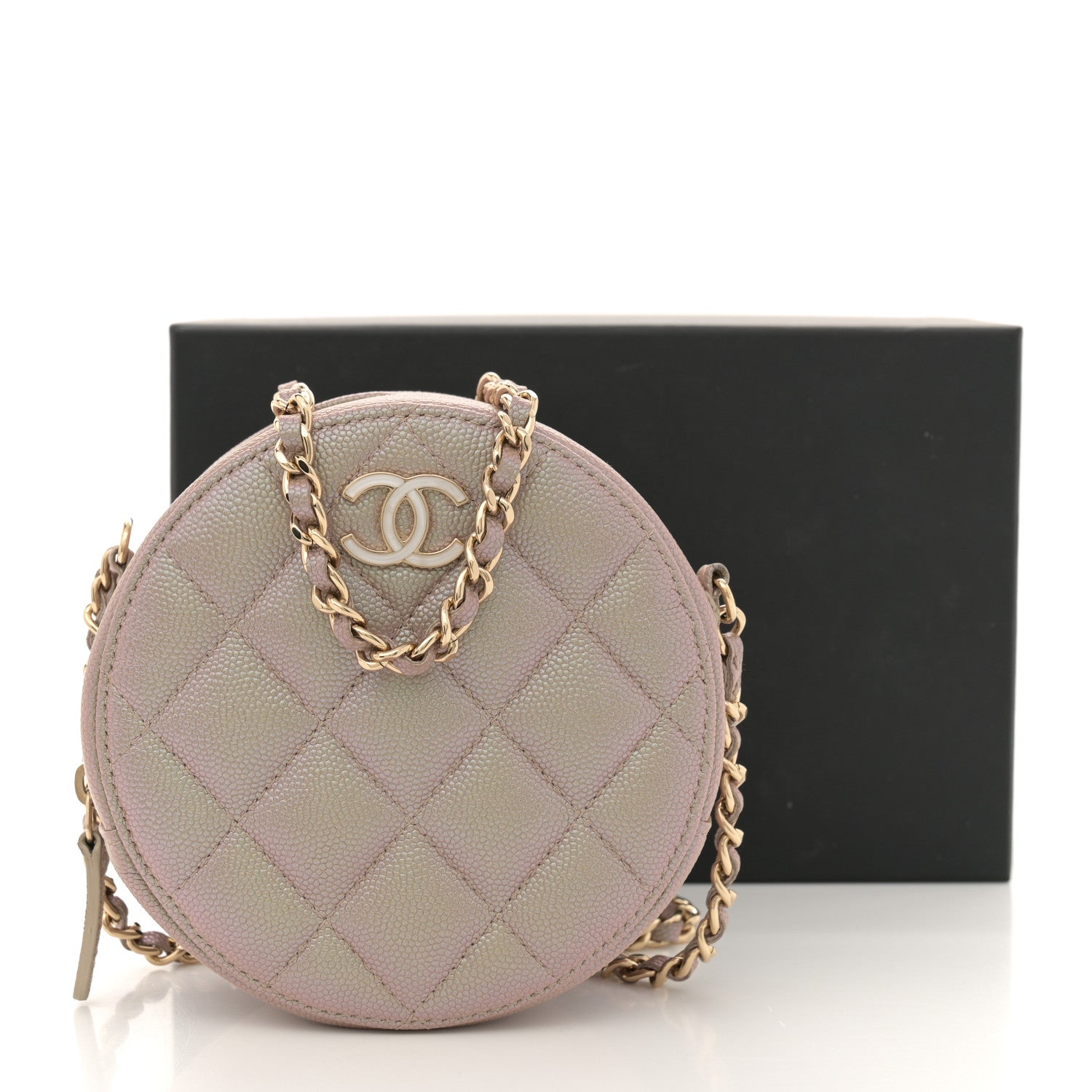 Chanel Iridescent Caviar Resin Quilted Round Clutch With Chain Beige 11 of 11