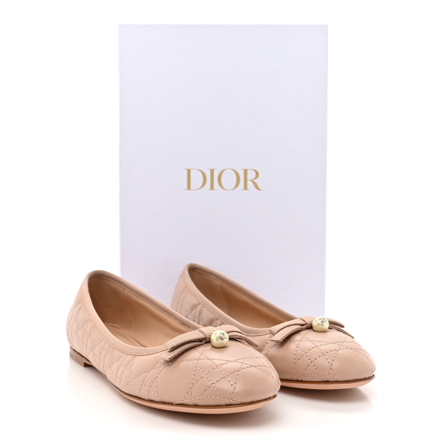Calfskin Cannage Pearl Bow Ballet Flats 39 Nude