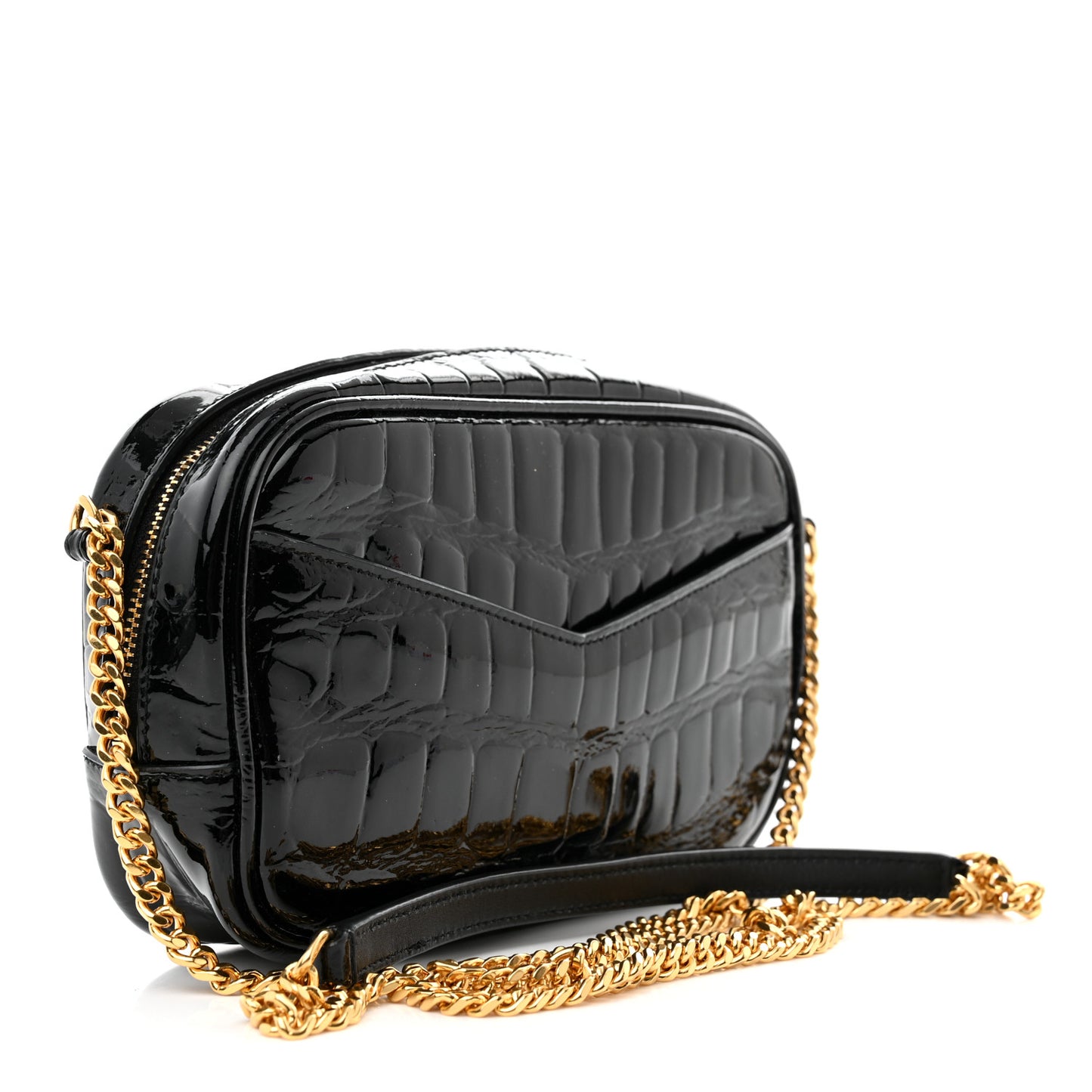 Patent Calfskin Crocodile Embossed Monogram Mini Lou Camera Bag Black
