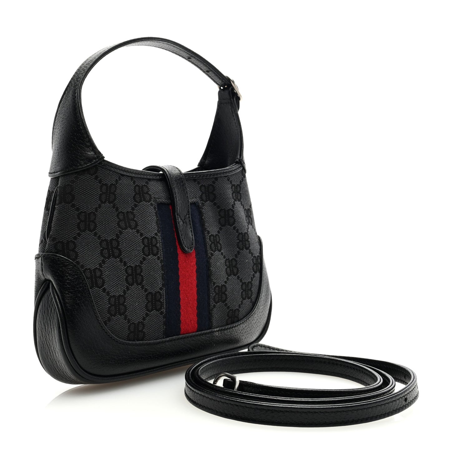 X BALENCIAGA BB Monogram Calfskin Web Mini Jackie 1961 Hobo Black