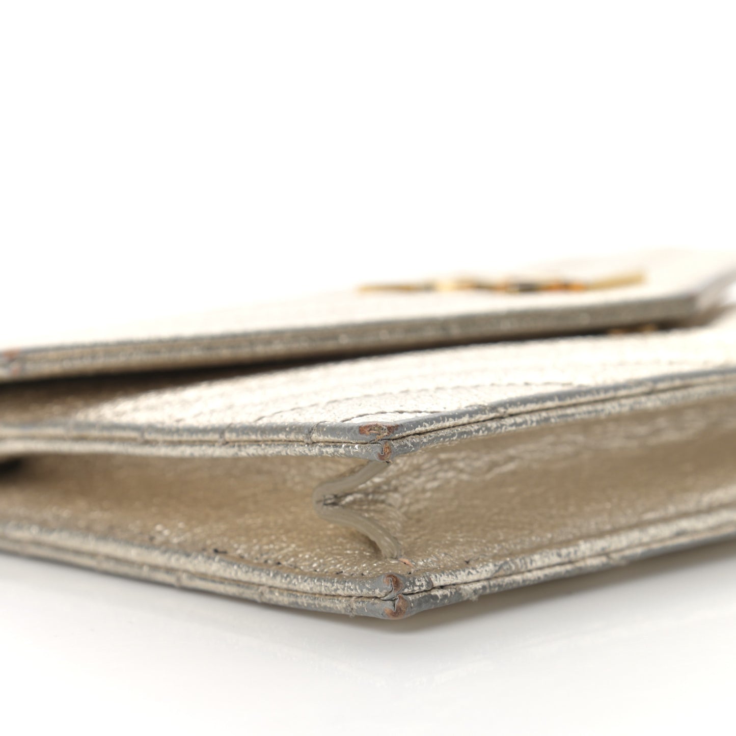 Metallic Crackled Calfskin Matelasse Chevron Monogram Envelope Chain Wallet Gold