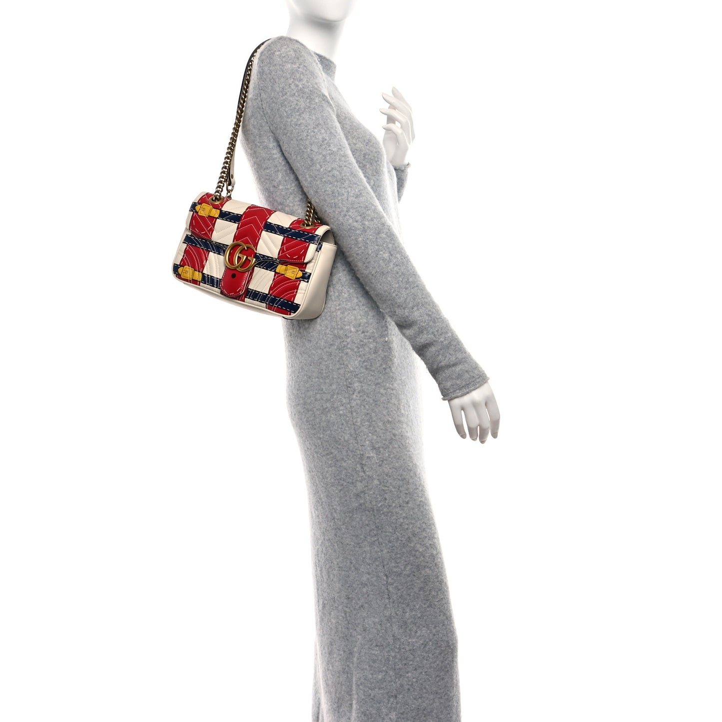 Calfskin Matelasse Trompe L'Oeil Print Small GG Marmont Shoulder Bag Mystic White Hibiscus Red Marine Giallo