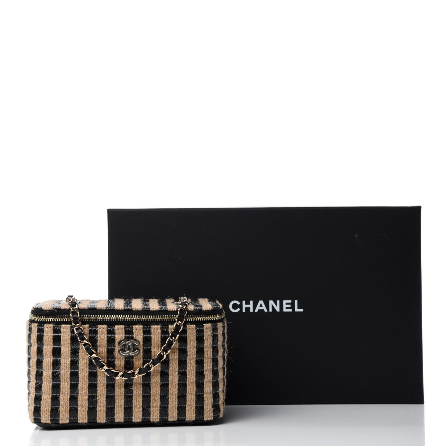 Raffia Jute Striped Small Vanity Case With Chain Black Beige