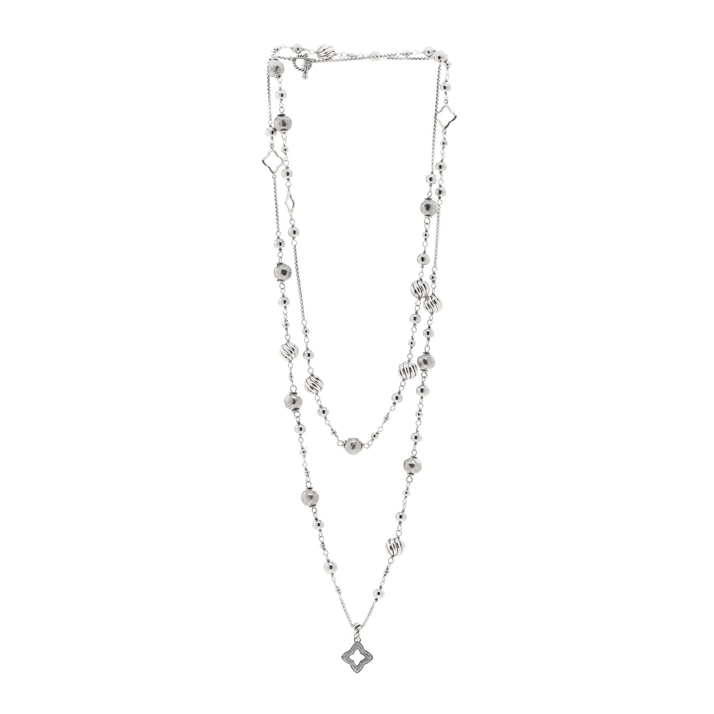 Sterling Silver Diamond Hammered Quatrefoil Long Necklace