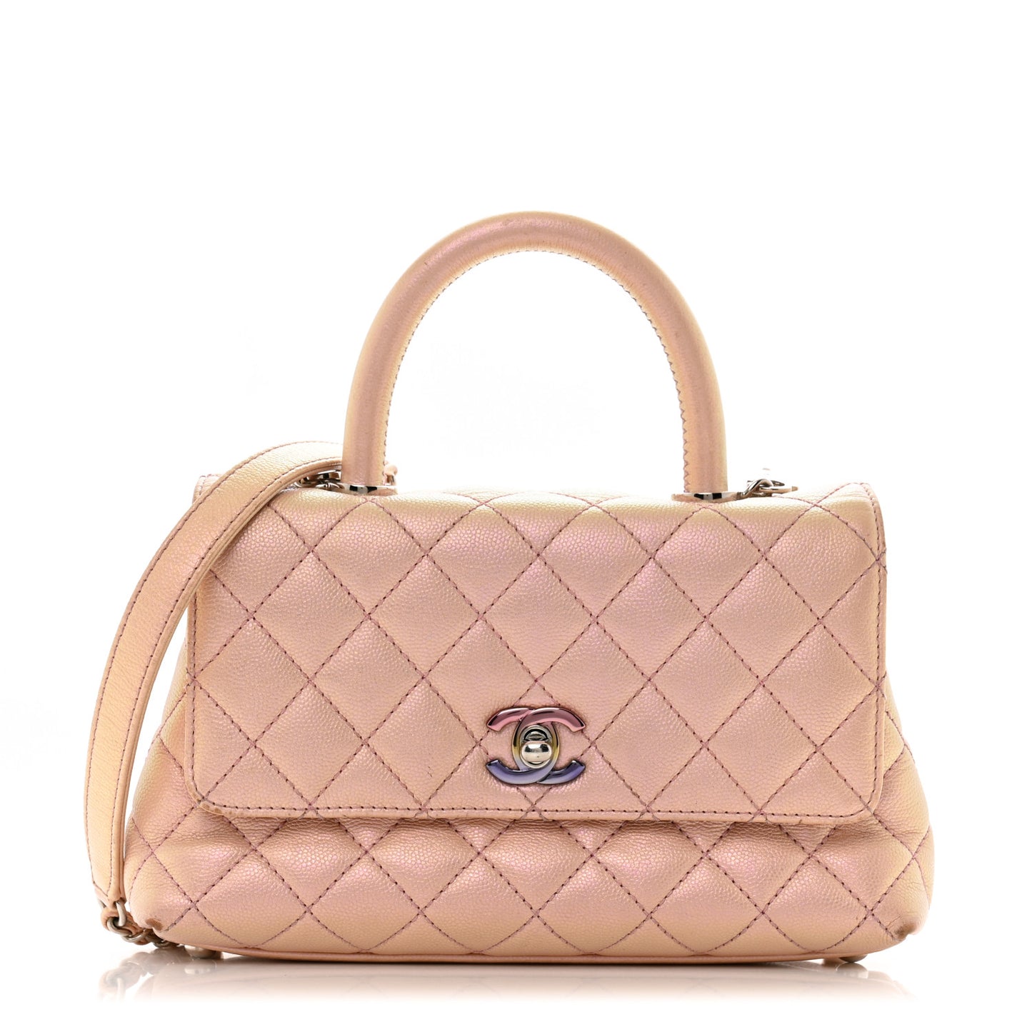 Iridescent Caviar Quilted Mini Coco Handle Flap Pink