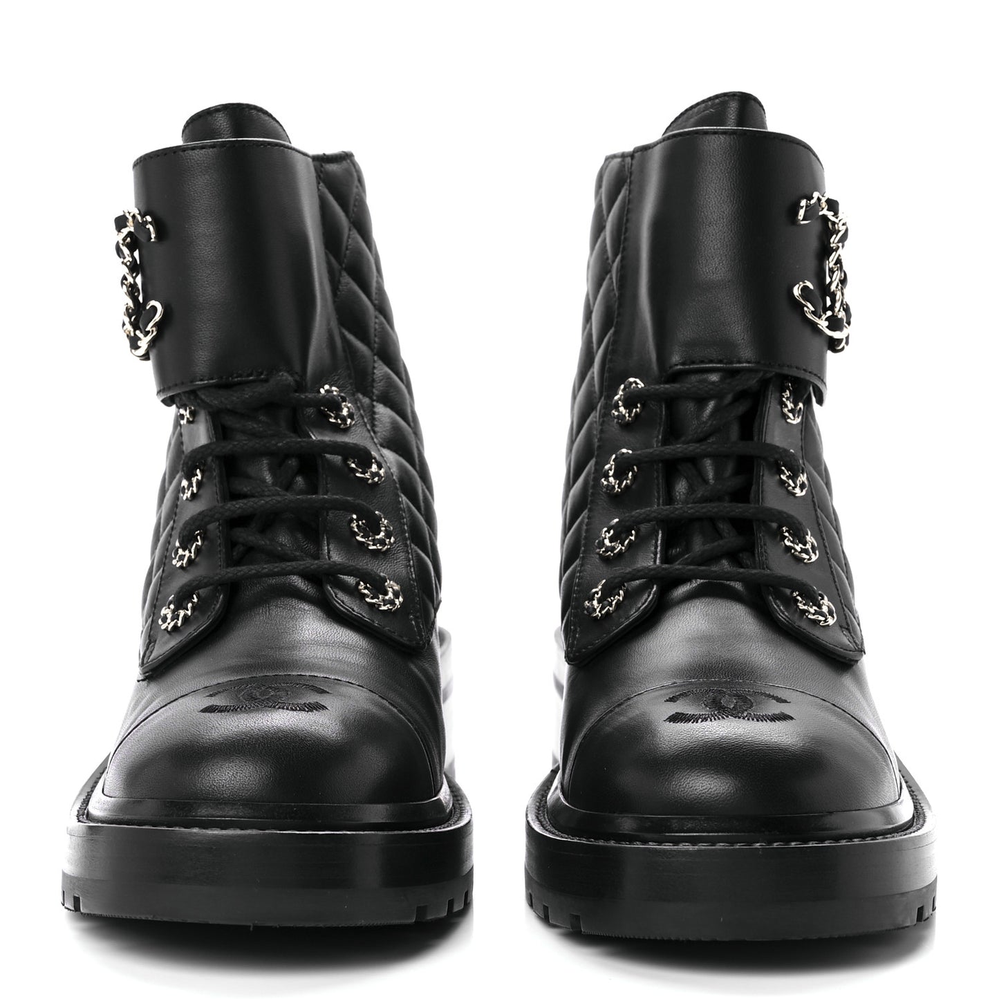 Shiny Lambskin Quilted Lace Up Combat Boots 39 Black
