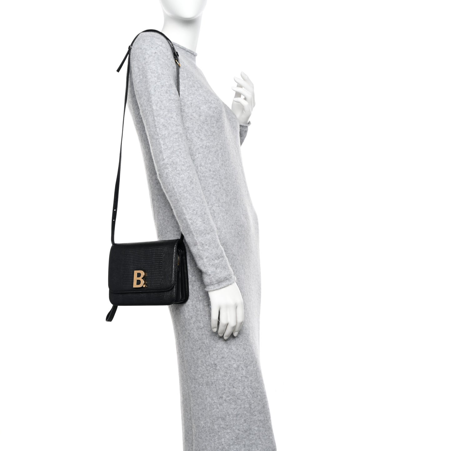 Patent Calfskin Lizard Embossed Small B Crossbody Bag Black