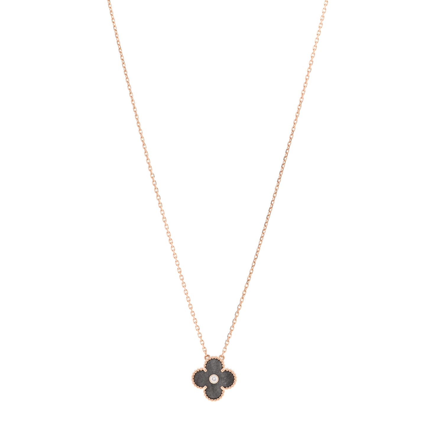 18K Rose Gold Diamond Silver Obsidian Vintage Alhambra Pendant Necklace