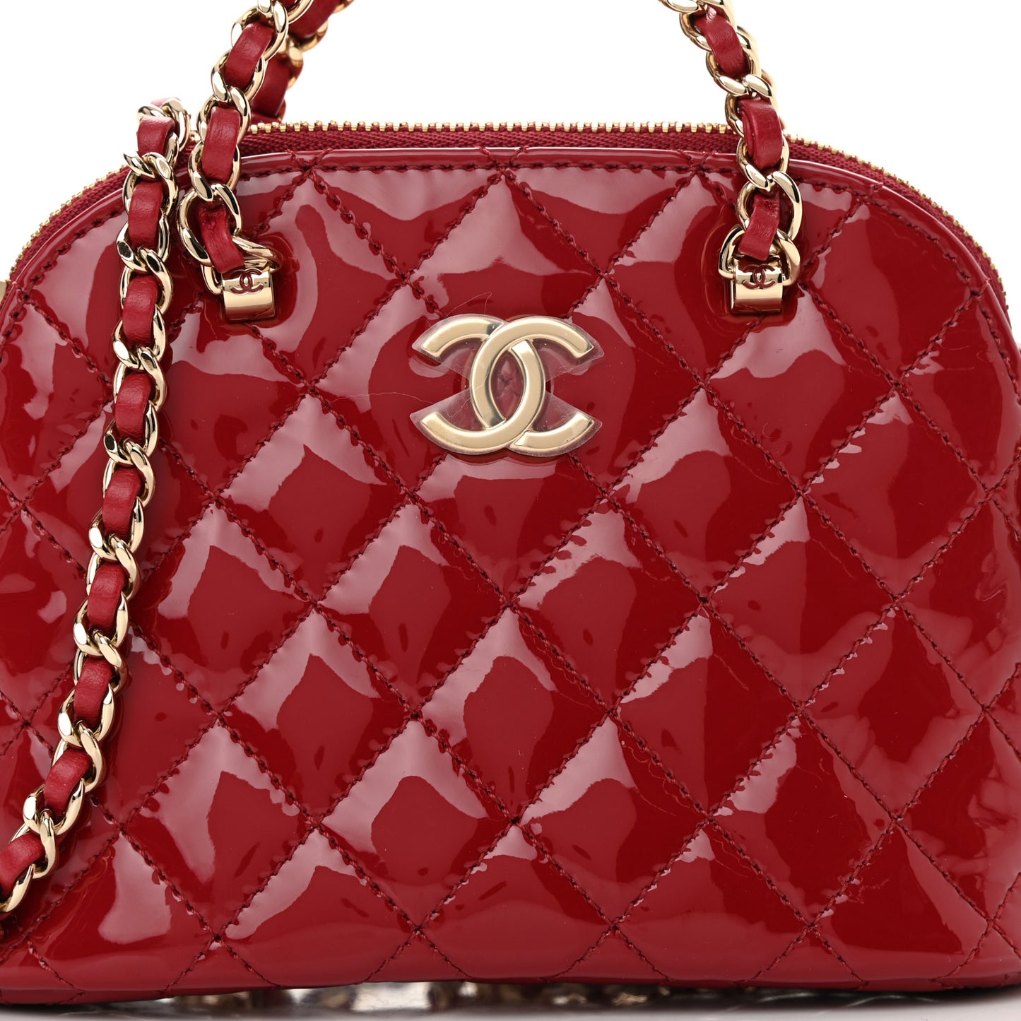 Patent Calfskin Quilted Shiny Coco Clutch With Chain Red