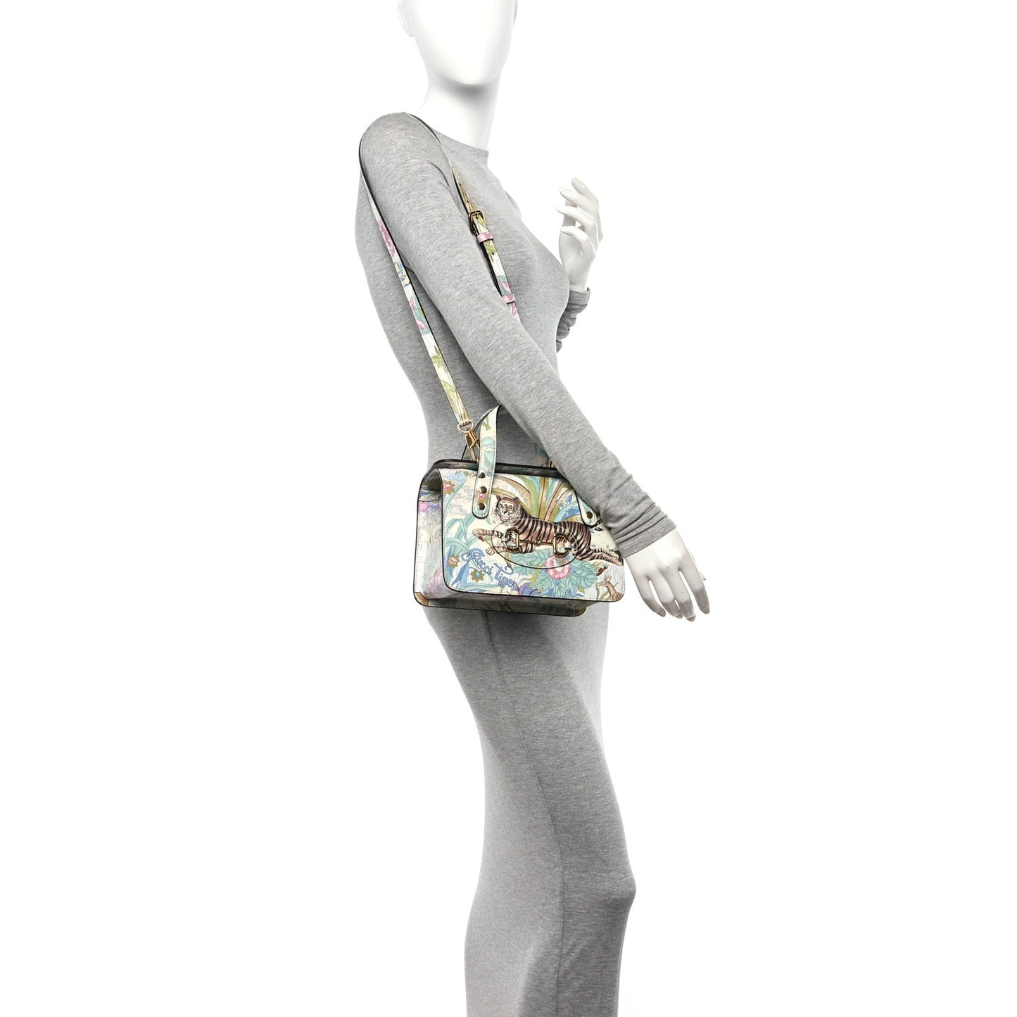 New Shangai Calfskin Tiger Savanah Mini Horsebit 1955 Foldover Top Handle Bag Chalky White Multicolor