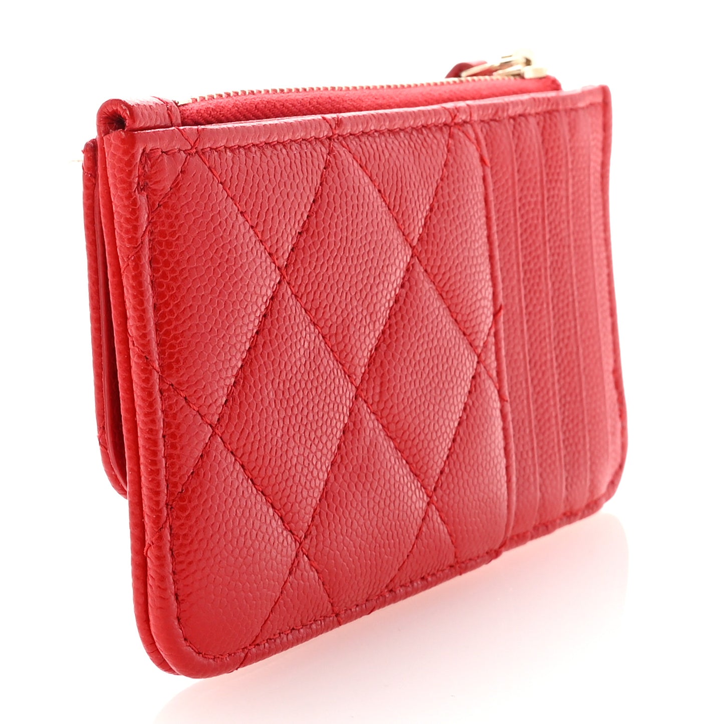 Caviar Quilted Flap Zip Card Holder Red