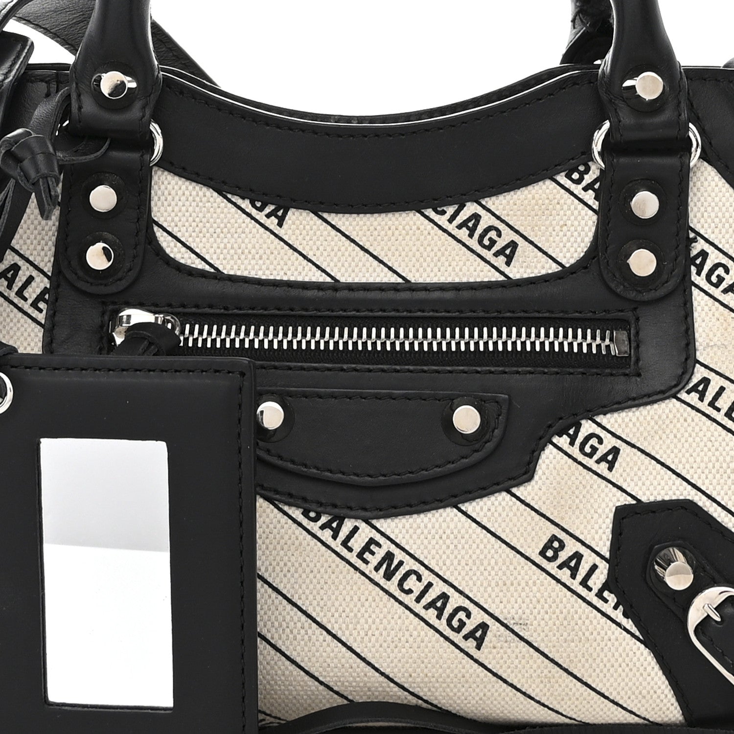 Balenciaga Canvas Satin Calfskin Diagonal Allover Logo Print Classic Silver Hardware Mini City Natural Black 8 of 14