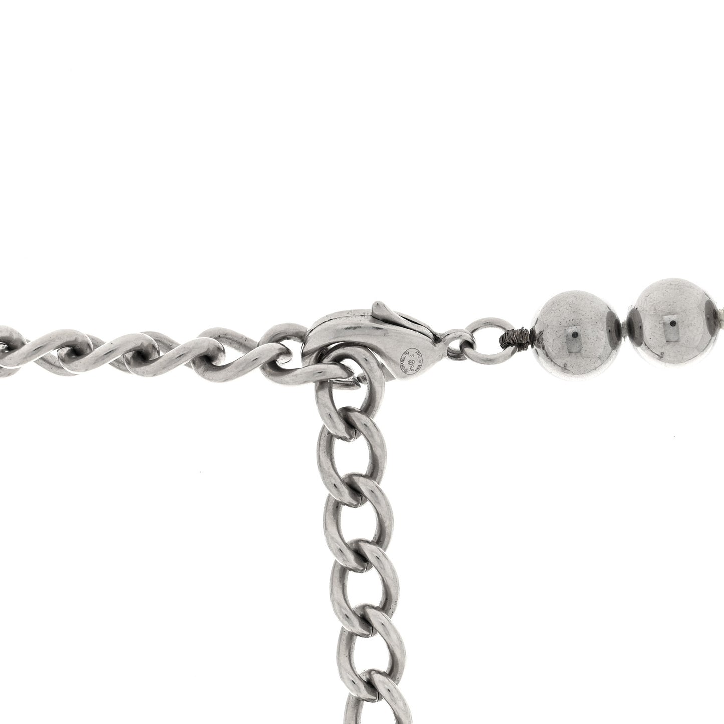 Metal Pearl CC Long Necklace Silver Pearly White Grey