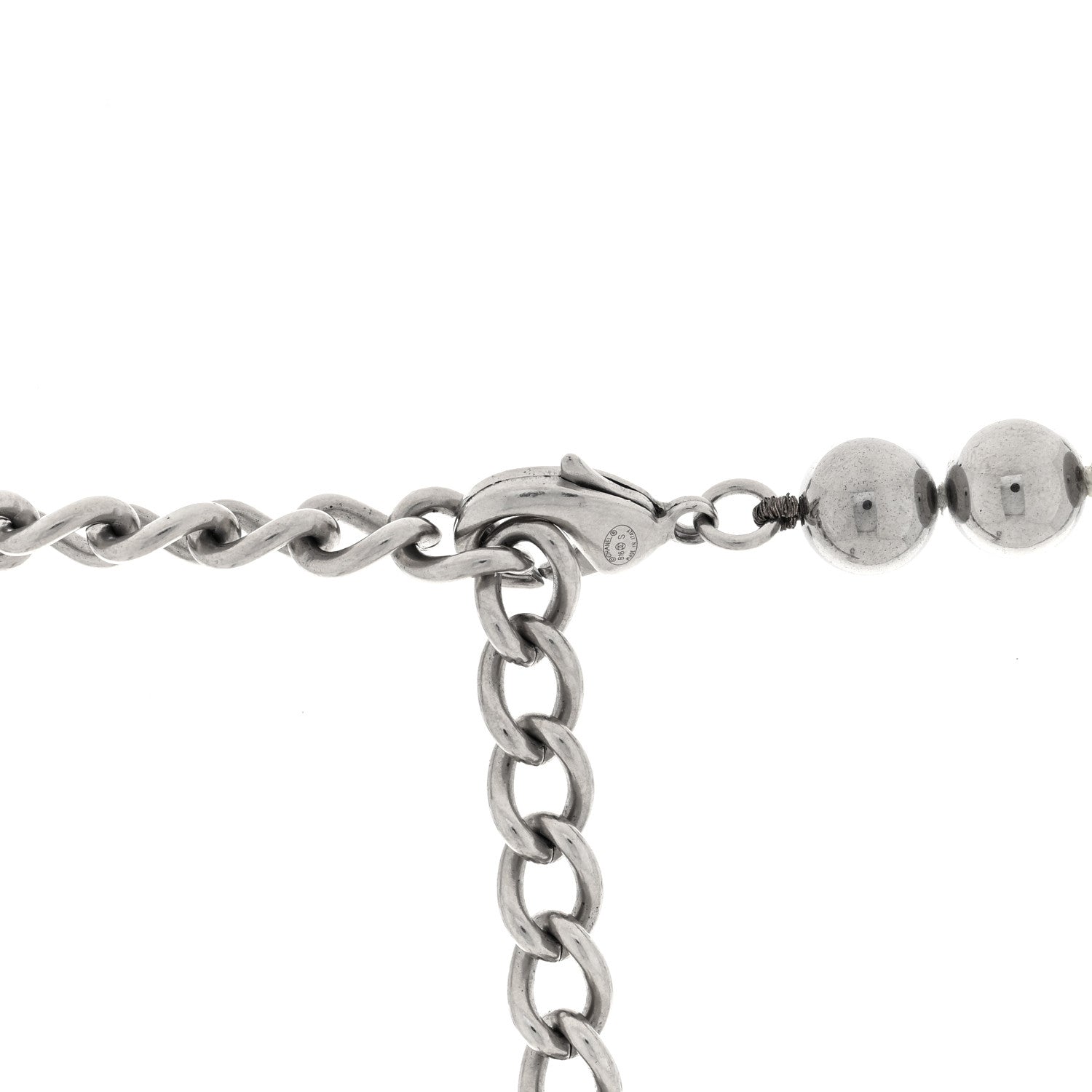 Chanel Metal Pearl CC Long Necklace Silver Pearly White Grey 4 of 4