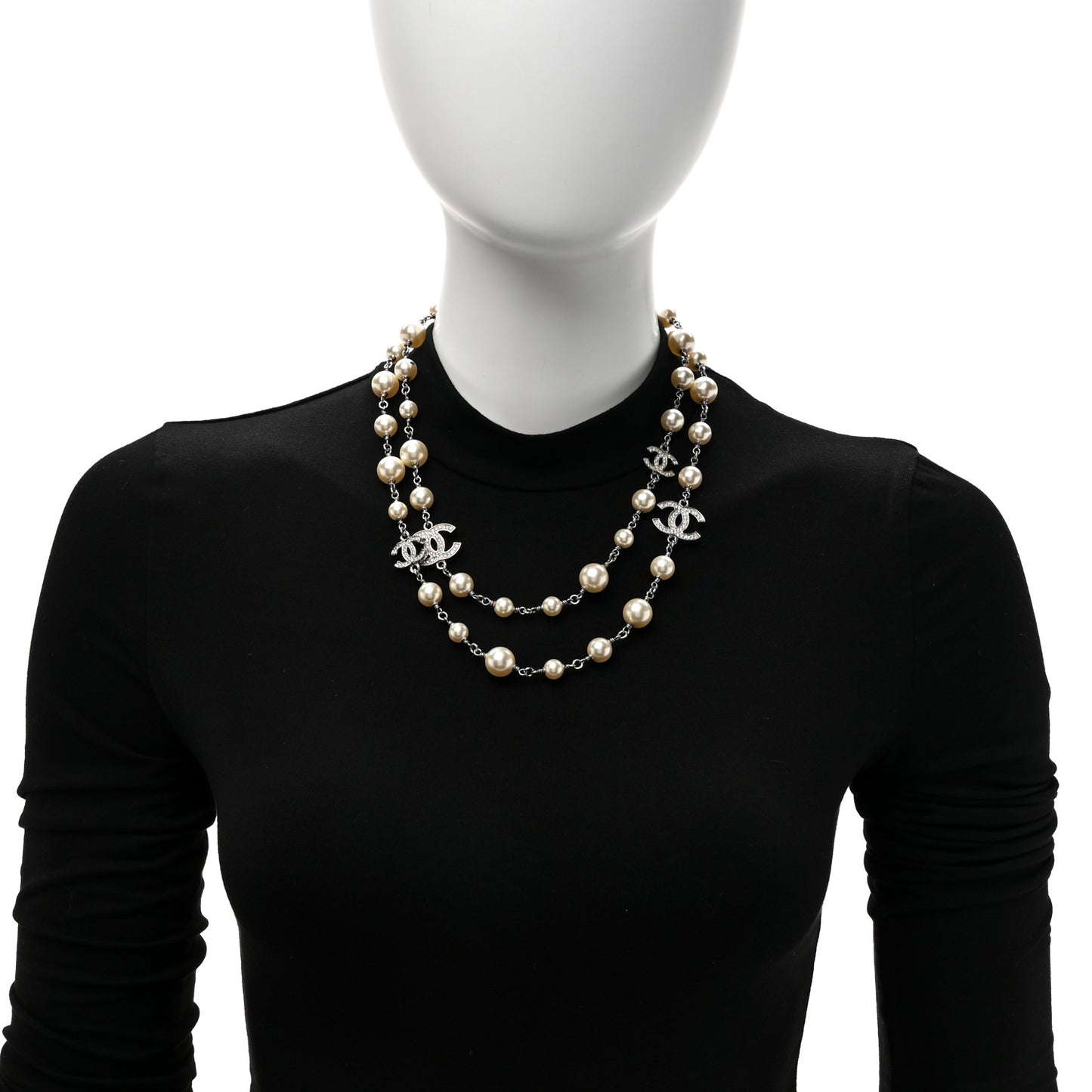 Crystal Pearl CC Long Necklace Silver
