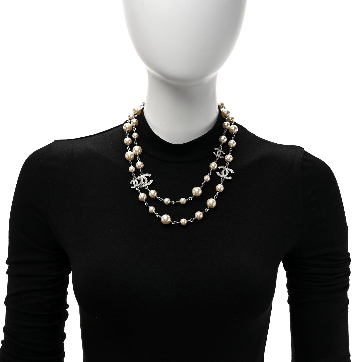 Chanel Crystal Pearl CC Long Necklace Silver 3 of 5