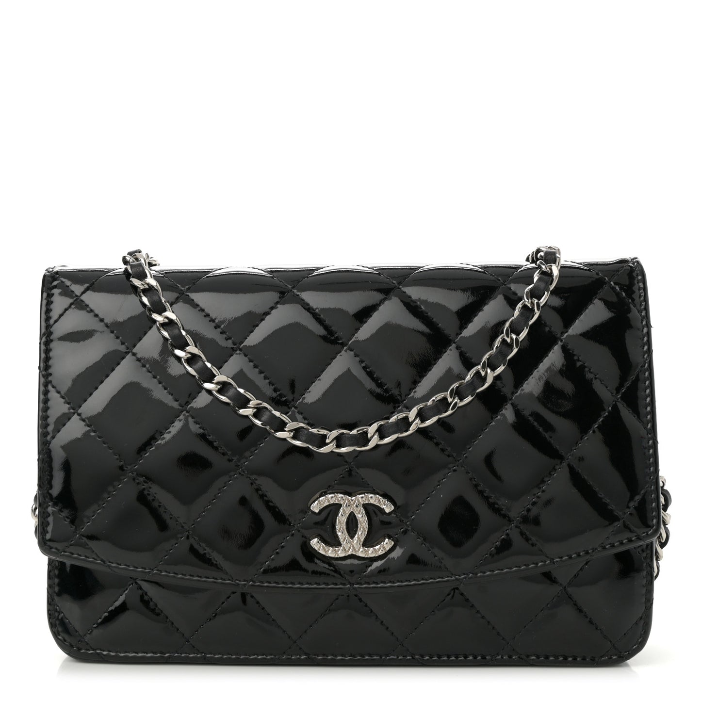 Patent Quilted Brilliant Wallet On Chain WOC Black