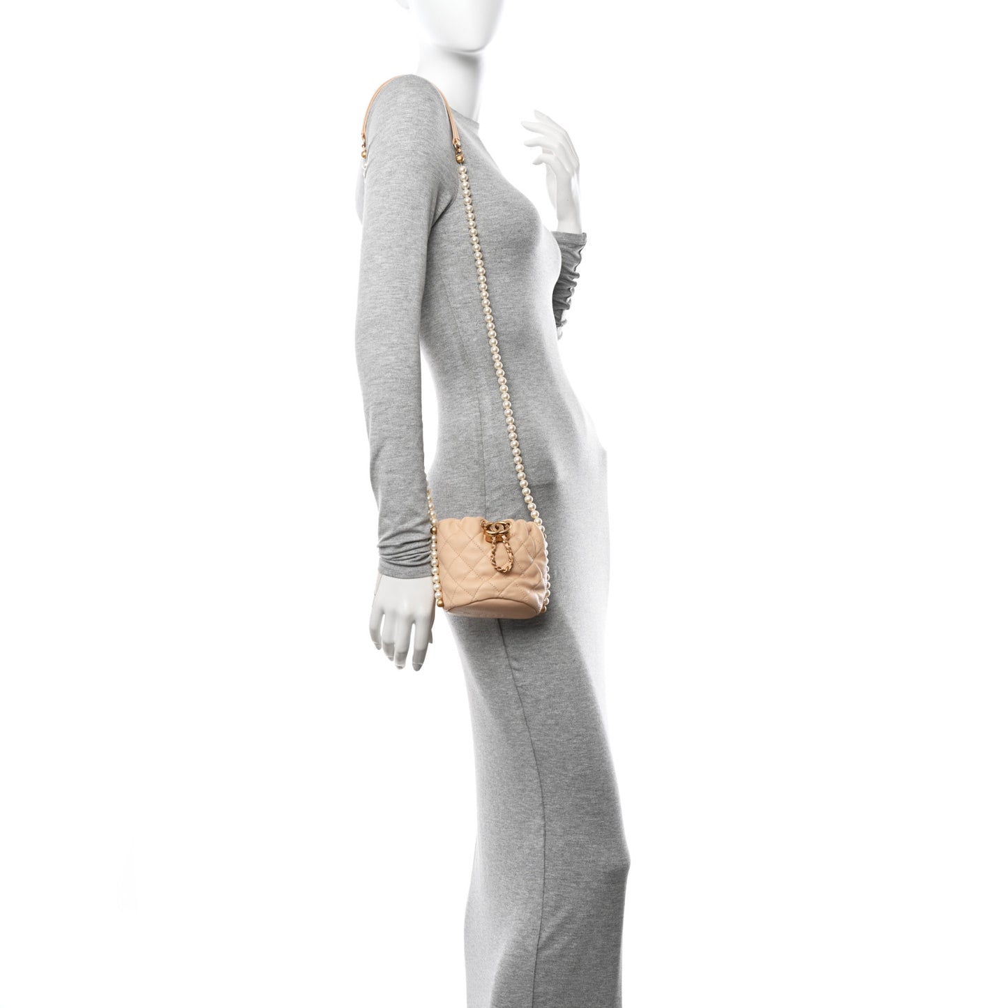 Calfskin Quilted Pearl Mini About Pearls Drawstring Bucket Bag Beige