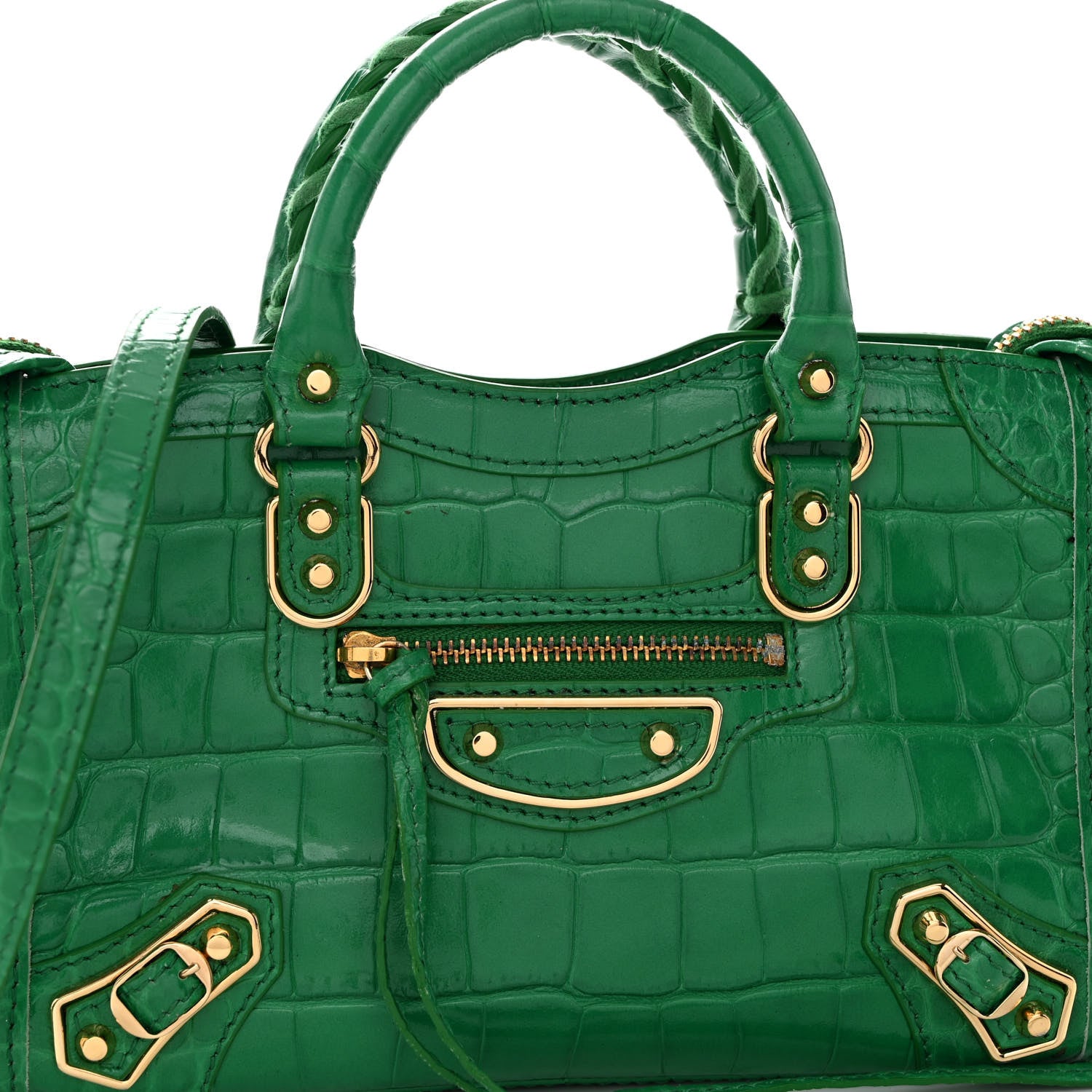 Balenciaga Shiny Supple Calfskin Crocodile Embossed Gold Metallic Edge Hardware Nano City Leaf Green 6 of 10