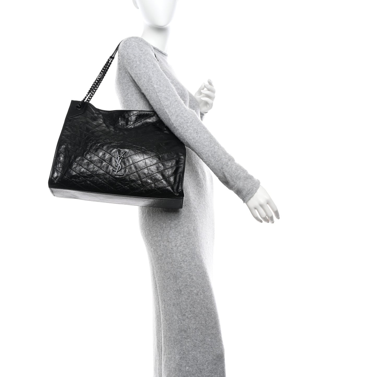 Crinkled Calfskin Matelasse Monogram Large Niki Shopper Tote Black
