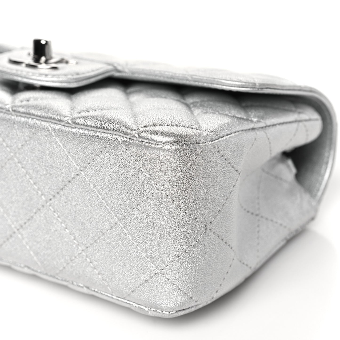 Metallic Lambskin Quilted Mini Rectangular Flap Silver