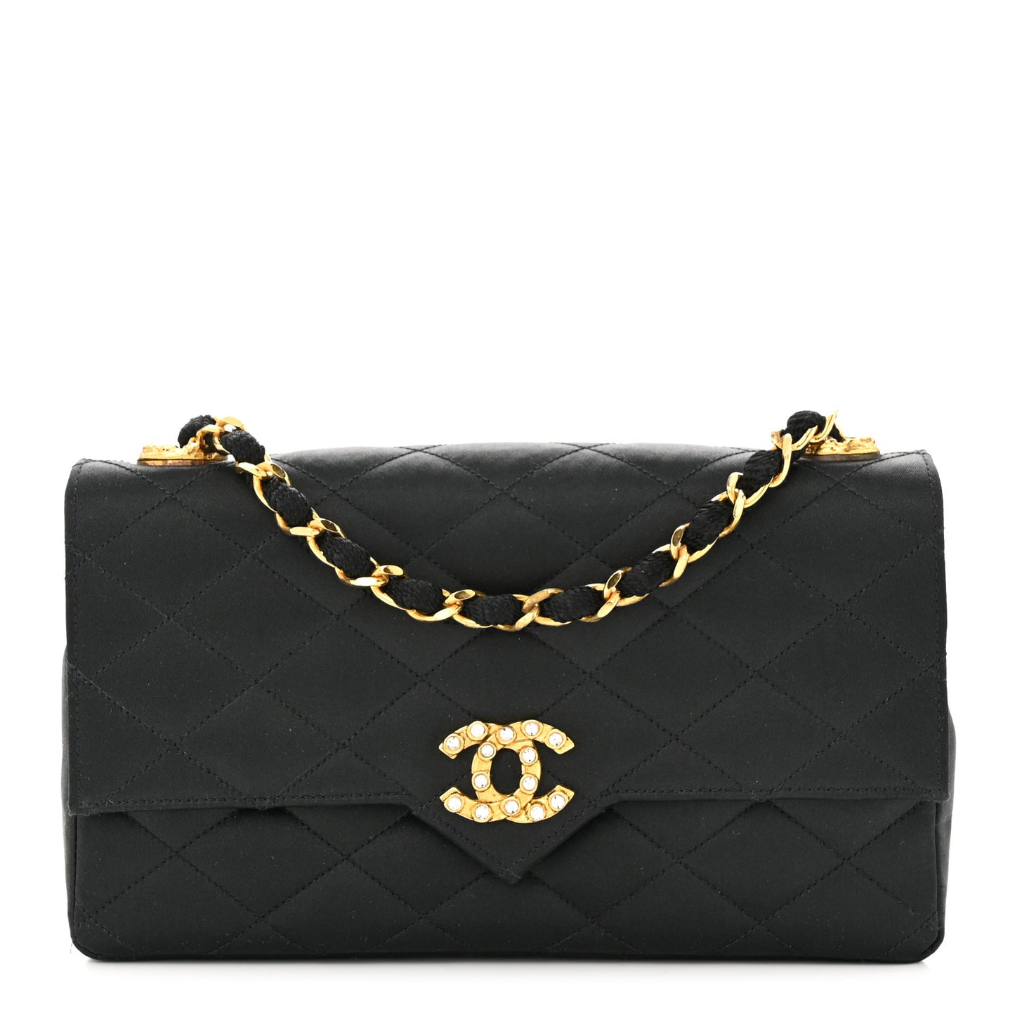 Satin Quilted Crystal CC Evening Flap Black