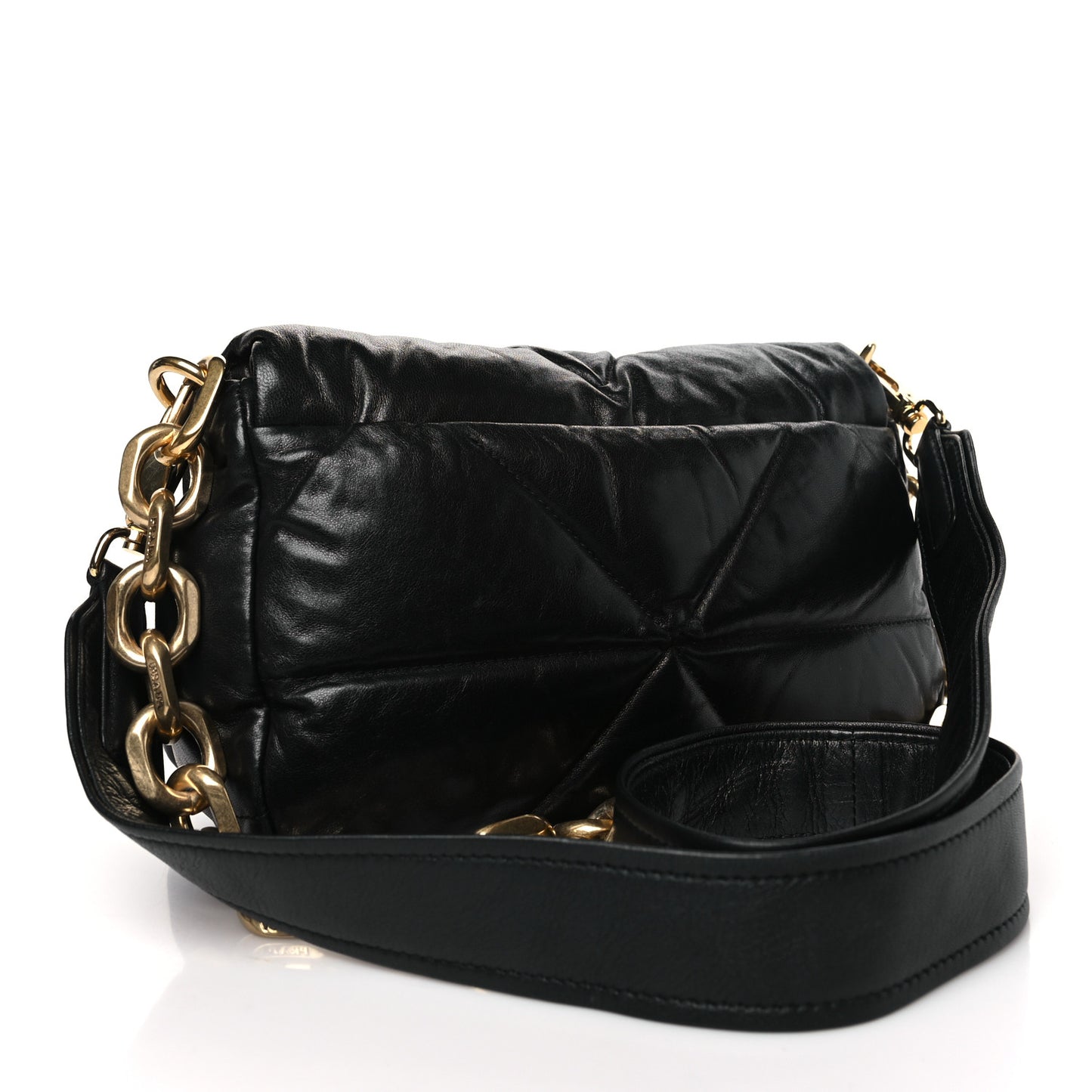 Nappa Soft Padded Logo Embossed Triangle Quilted Small Shoulder Bag Black