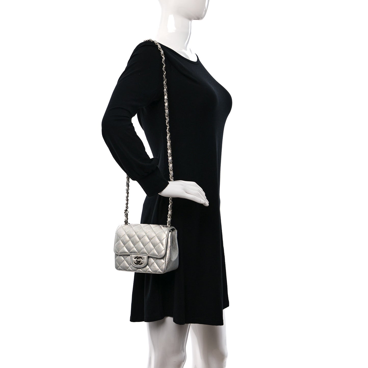 Metallic Lambskin Quilted Mini Square Flap Silver
