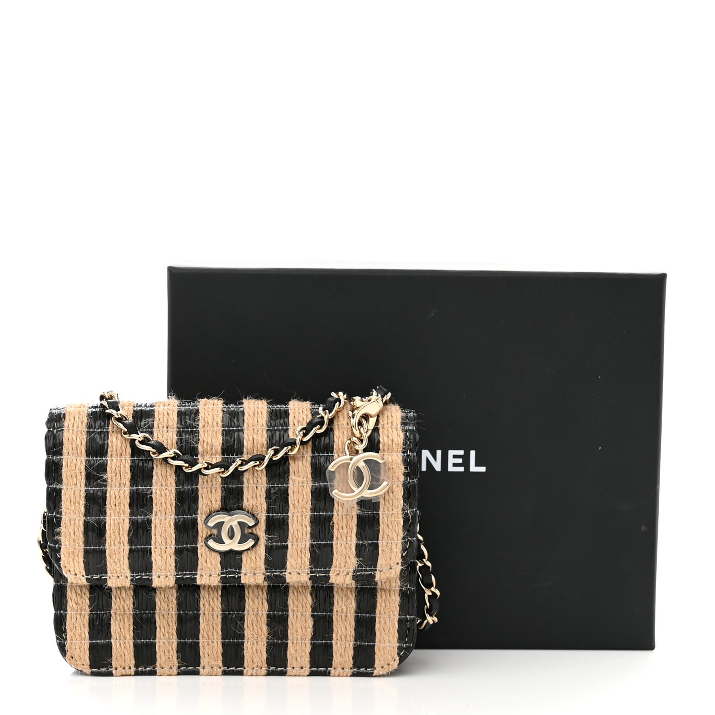 Raffia Jute Striped Belt Bag Black Beige