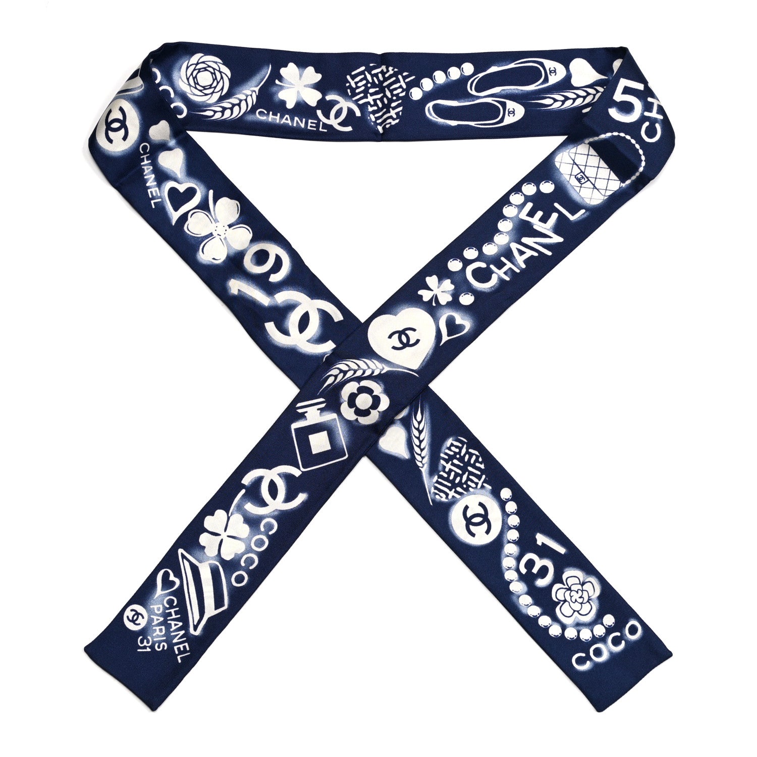 Chanel Silk CC Slim Bandeau Scarf Navy Ivory 1 of 3