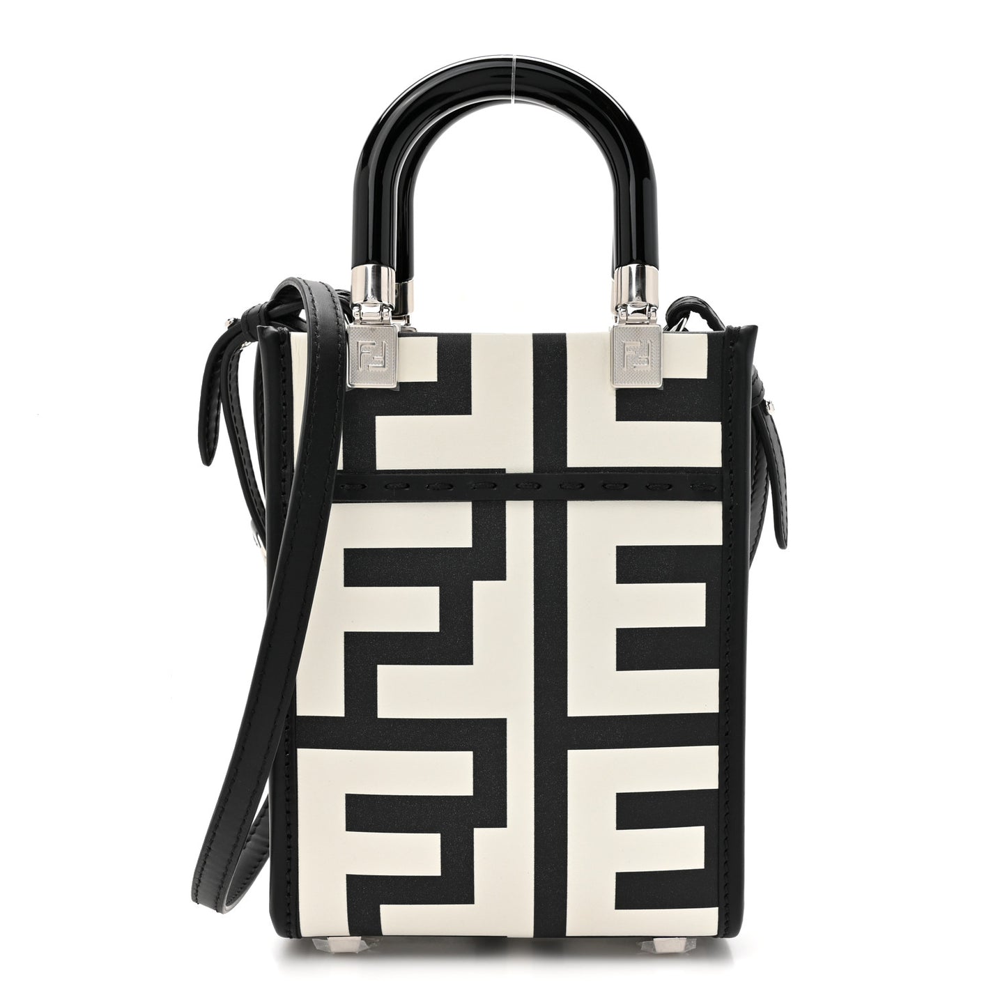 X MARC JACOBS Vitello King Plexiglass Logo Print Mini Fendi Sunshine Shopper Tote Black White