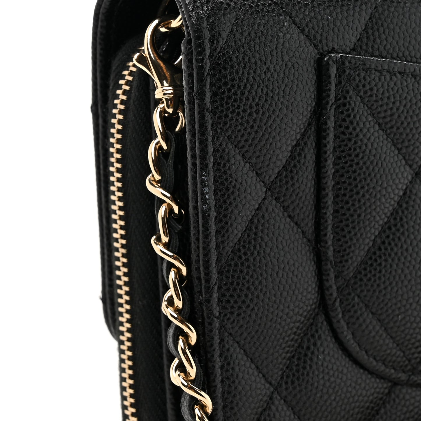 Caviar Quilted Phone Holder Wallet on Removable Chain Black
