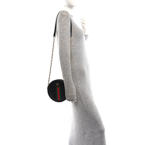 Grained Calfskin Web Mini Ophidia Round Shoulder Bag Black