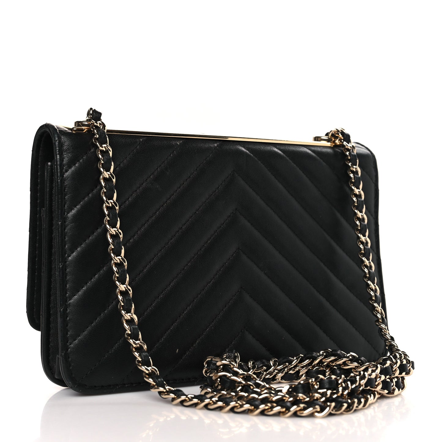 Lambskin Chevron Quilted Trendy CC Wallet On Chain WOC Black