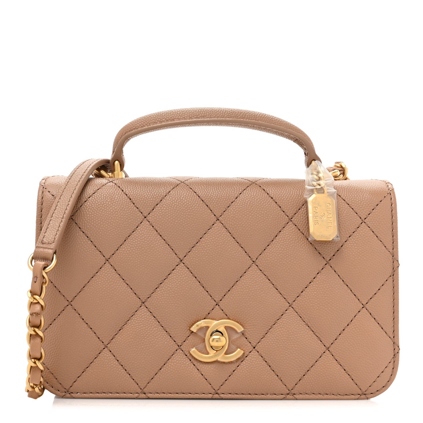 Caviar Quilted Mini Top Handle Flap Camel