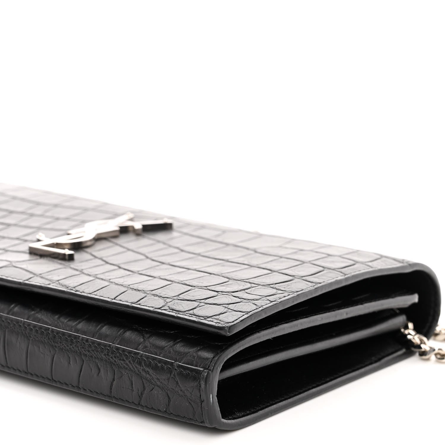 Saint Laurent Calfskin Crocodile Embossed Monogram Chain Wallet Black 10 of 10