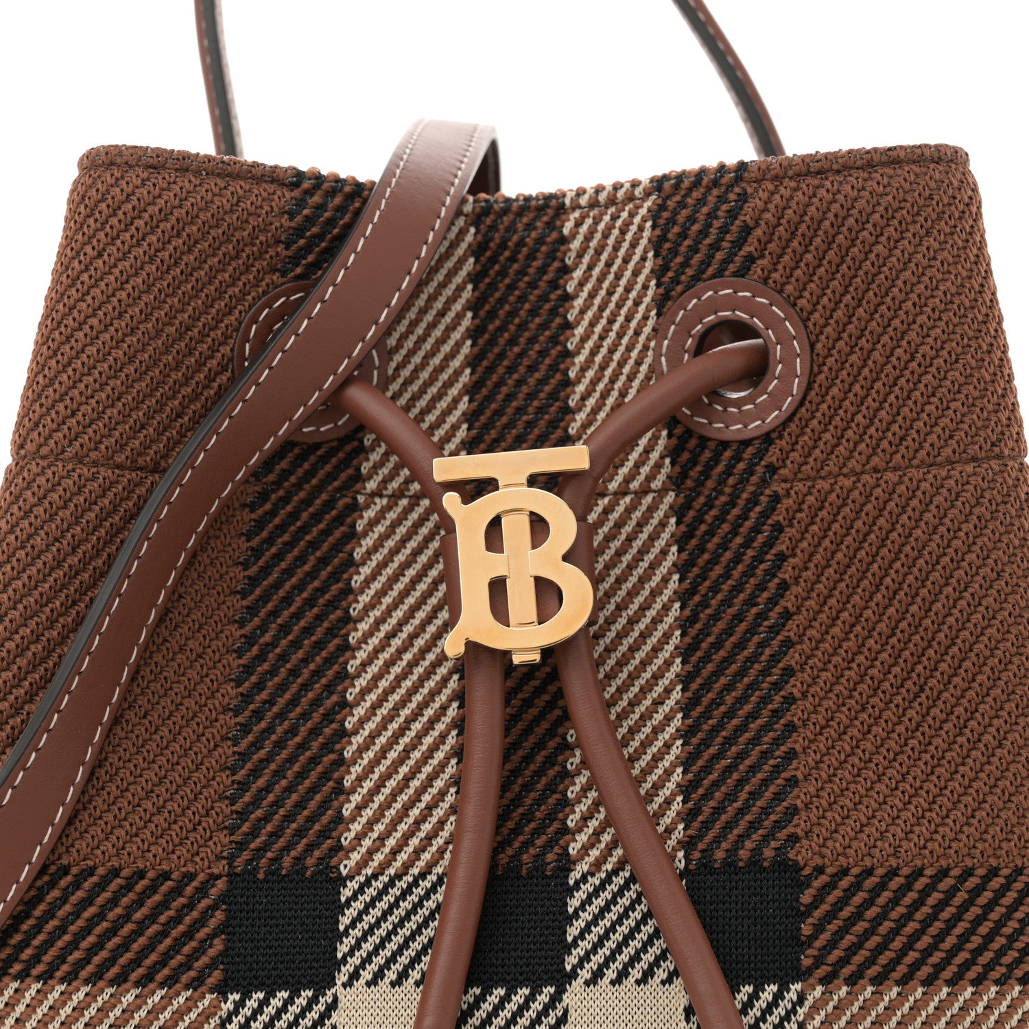 Burberry Knitted Check Calfskin TB Small Drawstring Bucket Bag Dark Birch Brown 8 of 11